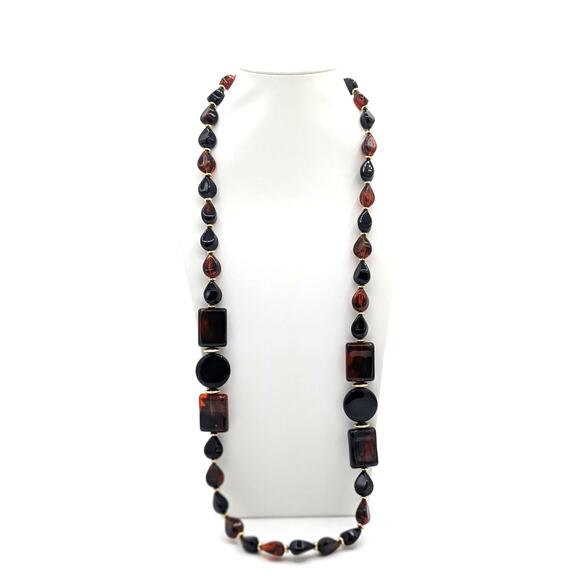 Vintage Acrylic Tortoise Shell Black Beaded Layering Neutral Statement Necklace - Picture 1 of 8